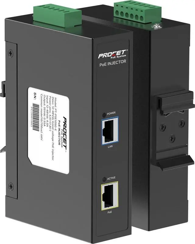 Main image of PROCET Gigabit PoE Injector DIN Rail 30W PoE+ Power Adapter, 6KV Surge Protection, -40 to 149 for for Wireless Access Point, mmWave Bridge, PTZ/IR/AI Camera, Small Cell, Smart Factory