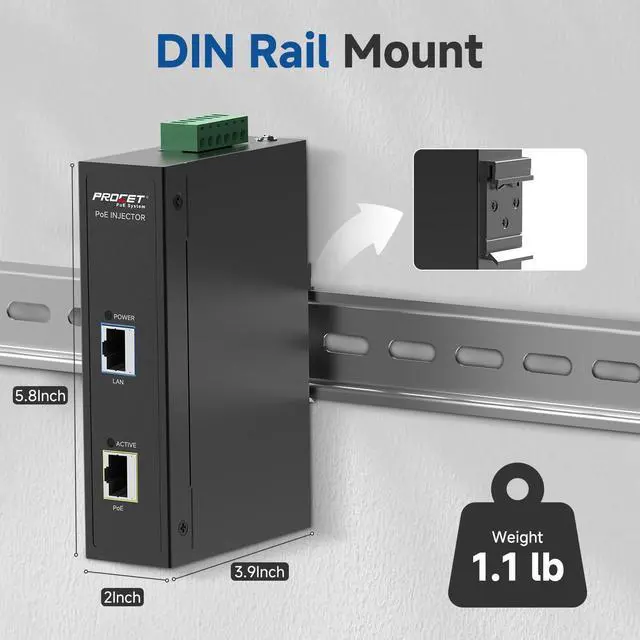 Alt view image 4 of 6 - PROCET Gigabit PoE Injector DIN Rail 30W PoE+ Power Adapter, 6KV Surge Protection, -40 to 149 for for Wireless Access Point, mmWave Bridge, PTZ/IR/AI Camera, Small Cell, Smart Factory