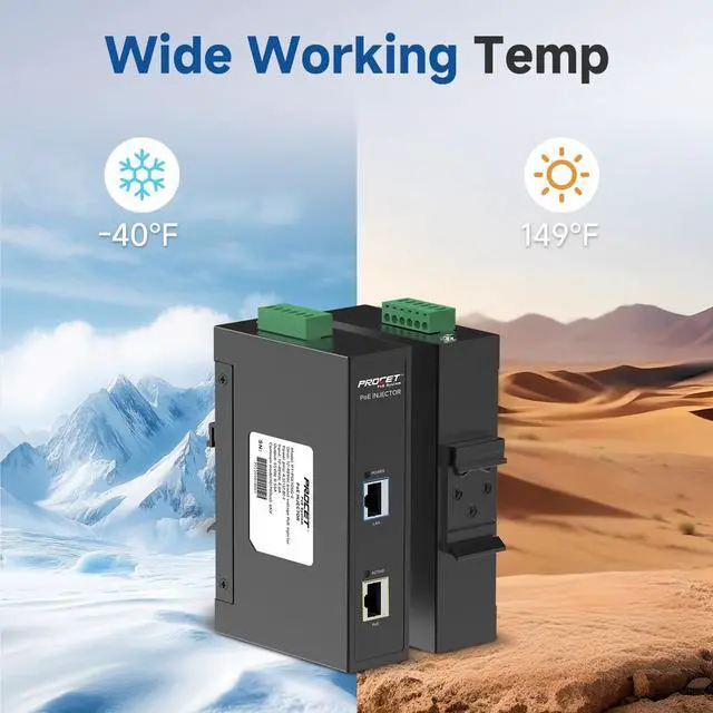 Alt view image 6 of 6 - PROCET Gigabit PoE Injector DIN Rail 30W PoE+ Power Adapter, 6KV Surge Protection, -40 to 149 for for Wireless Access Point, mmWave Bridge, PTZ/IR/AI Camera, Small Cell, Smart Factory