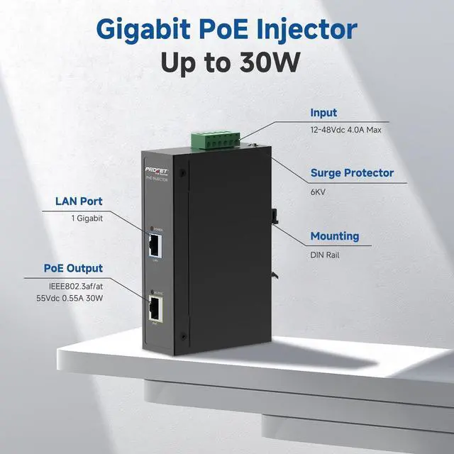 Alt view image 2 of 6 - PROCET Gigabit PoE Injector DIN Rail 30W PoE+ Power Adapter, 6KV Surge Protection, -40 to 149 for for Wireless Access Point, mmWave Bridge, PTZ/IR/AI Camera, Small Cell, Smart Factory