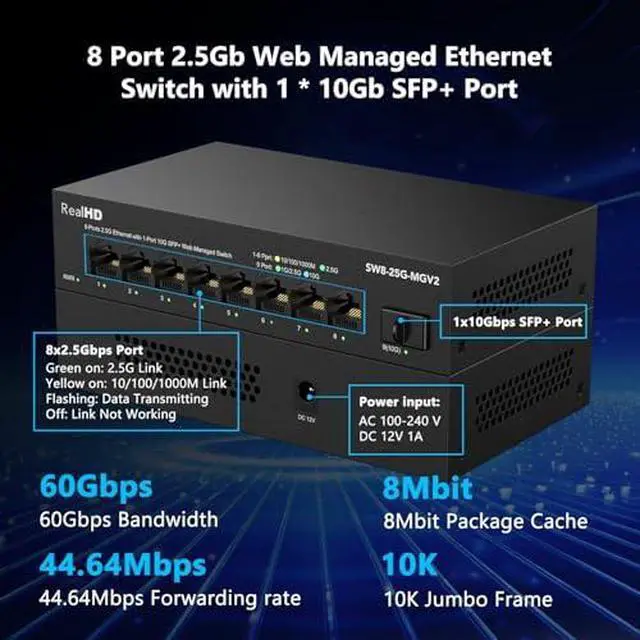 Alt view image 4 of 7 - Real HD 8 Port 2.5G Managed Ethernet Network Switch, 1 x 10G SFP+ Port