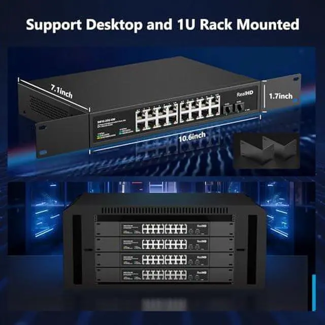Alt view image 7 of 7 - 16 Port 2.5Gb Unmanaged Ethernet Network Switch with 2 x 10G SFP+ Port, Work with 10-100-1000Mbps, 120G Bandwidth, Fanless Quiet, 19 in Rack Mount, 4-Pack 10Gb SFP+ to RJ-45 Module 98Ft(30M)