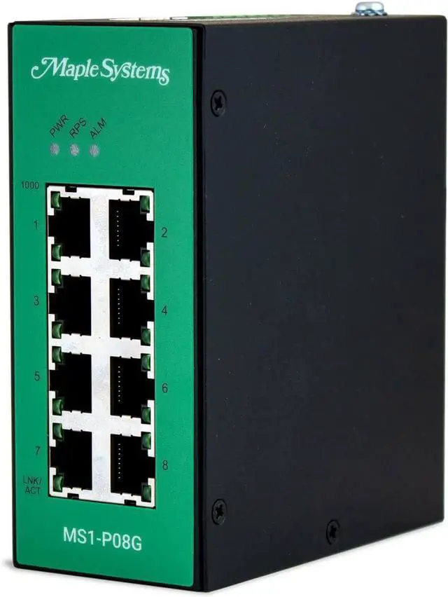 Main image of MS1-P08G Industrial Network Switch, 8-Port Gigabit Ethernet, Unmanaged, Black Metal, DIN Rail Mount, 1.97x4.56x3.92 inch, 1.06 lb, 12-48VDC
