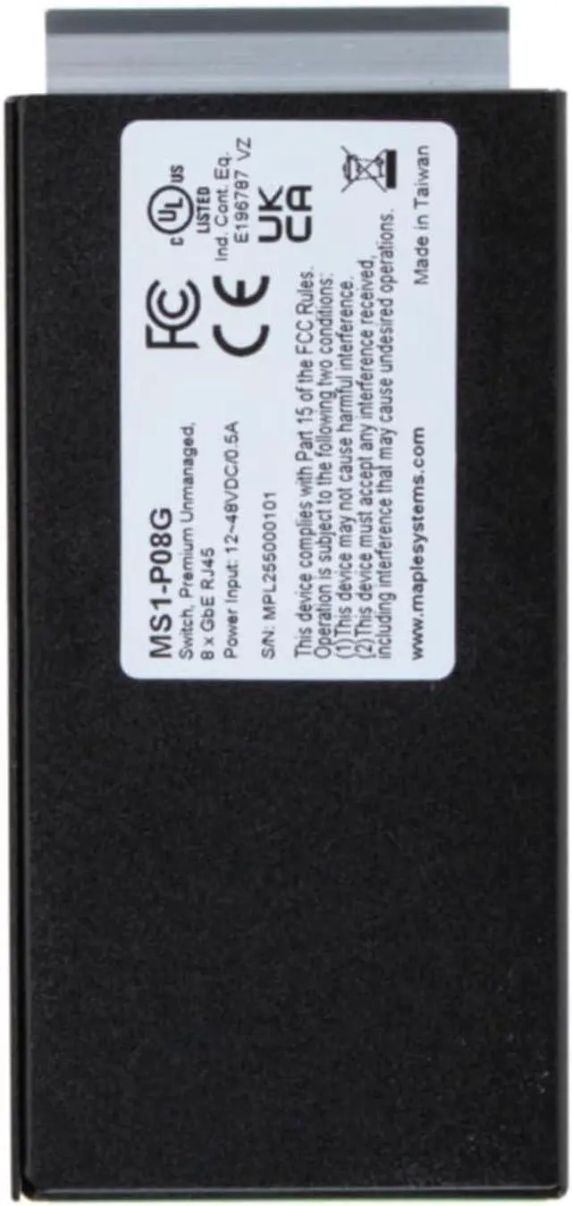 Alt view image 3 of 4 - MS1-P08G Industrial Network Switch, 8-Port Gigabit Ethernet, Unmanaged, Black Metal, DIN Rail Mount, 1.97x4.56x3.92 inch, 1.06 lb, 12-48VDC