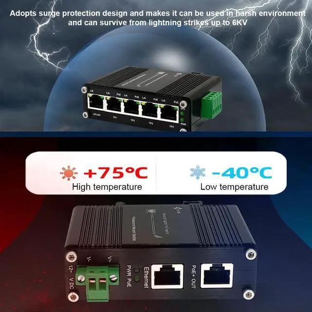 Alt view image 5 of 7 - Passive 24V PoE Switch and Injector, 12~24V Input 24V PoE Outpot, -40°C~75°CDin Rail