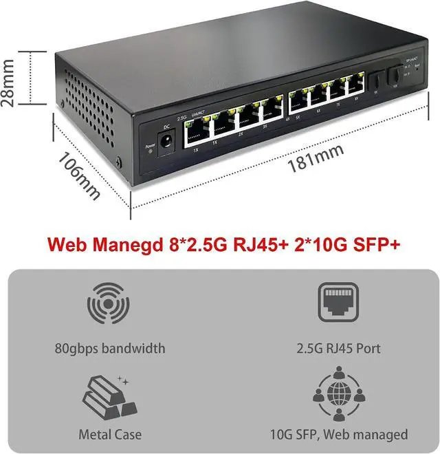 Alt view image 4 of 4 - & Play Multi-gigabit Web Managed PoE/Non-PoE Switch 8 Port 2.5g with 2 * 10G SFP(PoE)