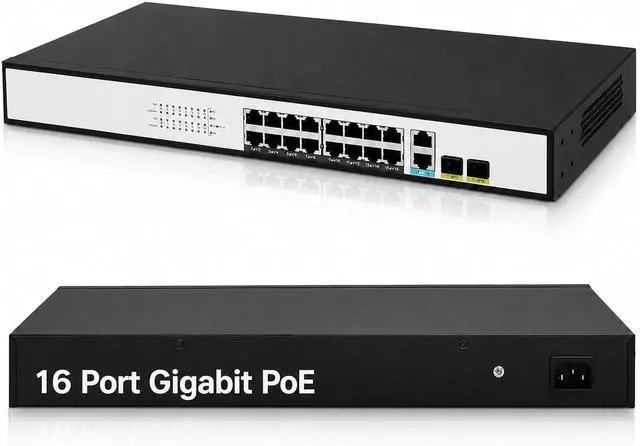 Main image of JideTech 20-Port Gigabit PoE Switch, 16-Port PoE+ with 2 RJ45 Uplink & 2 SFP, Up to 300W, IEEE 802.3af/at, 36Gbps Unmanaged Ethernet Switch for IP Cameras, NVR & APs