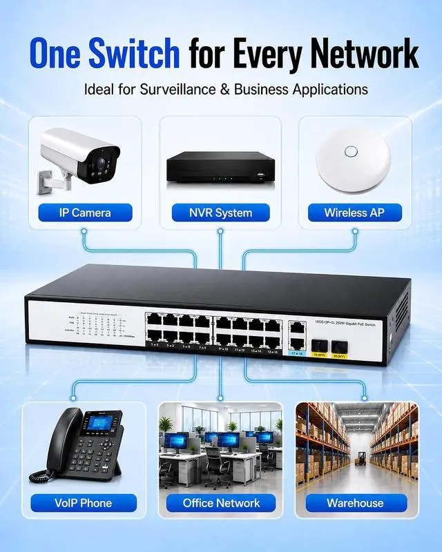 Alt view image 7 of 7 - JideTech 20-Port Gigabit PoE Switch, 16-Port PoE+ with 2 RJ45 Uplink & 2 SFP, Up to 300W, IEEE 802.3af/at, 36Gbps Unmanaged Ethernet Switch for IP Cameras, NVR & APs