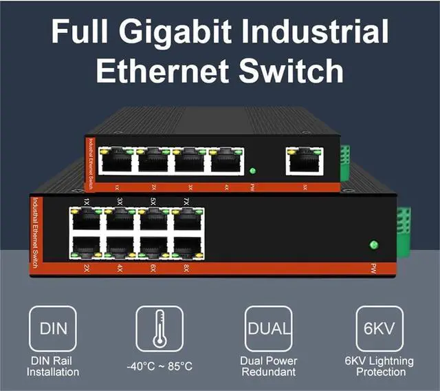 Alt view image 3 of 7 - Industrial Ethernet Switch, 5/8 Port, Full Gigabit, 10/100/1000M,-40 to 85 °C, DIN-Rail, IP40, 6KV Protection(ONT-GYF3005)