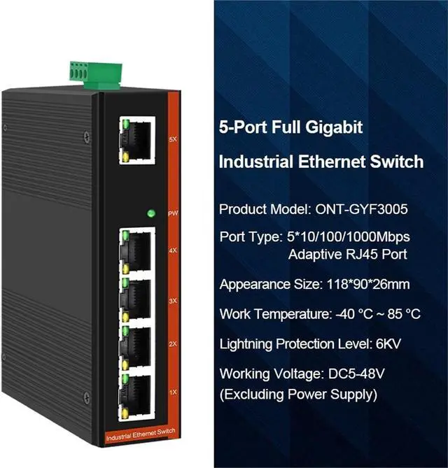 Alt view image 2 of 7 - Industrial Ethernet Switch, 5/8 Port, Full Gigabit, 10/100/1000M,-40 to 85 °C, DIN-Rail, IP40, 6KV Protection(ONT-GYF3005)