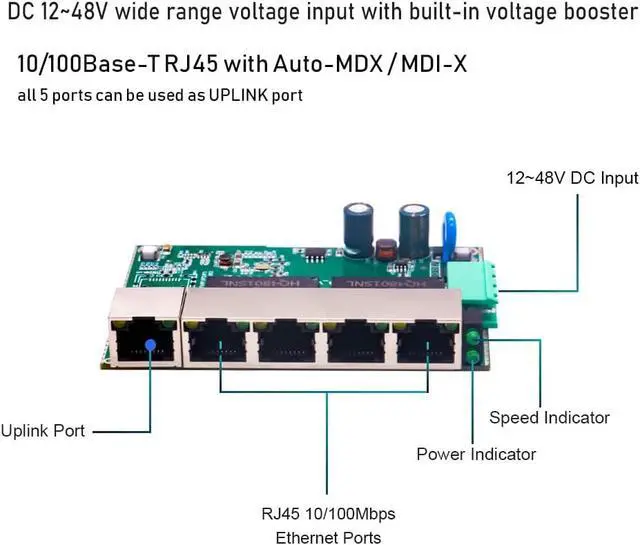 Alt view image 2 of 7 - 5 Ports Fast Ethernet Switch PCBA 10pcs Hardened Mini Network Switch 12~48V DC 10/100Mbps Unmanaged Ethernet Switch 1Gbps Switching Capacity