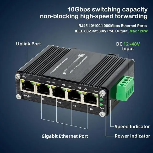 Alt view image 3 of 7 - Industrial 5 Ports Gigabit PoE Switch Ethernet 12~48V 10/100/1000Mbps Poe Hub 4*RJ45 Port Din Network(5 Ports PoE Switch)