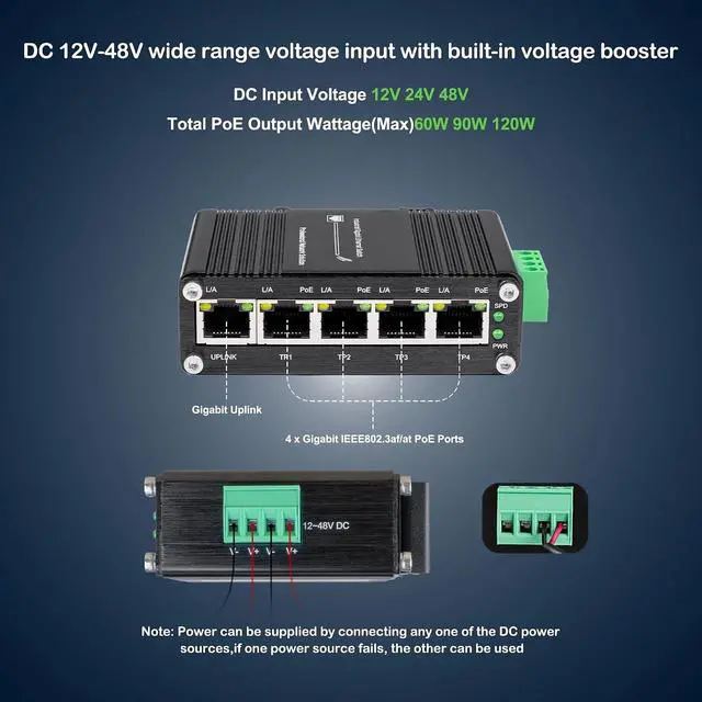 Alt view image 4 of 7 - Industrial 5 Ports Gigabit PoE Switch Ethernet 12~48V 10/100/1000Mbps Poe Hub 4*RJ45 Port Din Network(5 Ports PoE Switch)