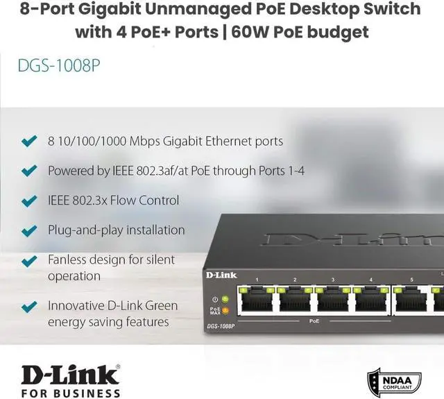 Alt view image 2 of 6 - Casafoyer 8-Port Gigabit Unmanaged PoE+ Ethernet Switch, with 4 PoE Ports up to 60W PoE Budget, QoS, Fanless, Sturdy Metal with Shielded Ports, Compact Desktop, Follows NDAA/TAA (DGS-1008P) - Pack of