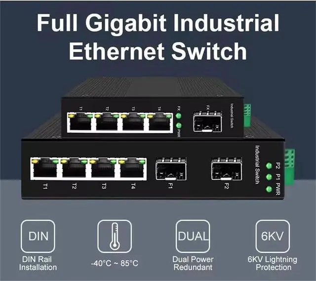 Alt view image 3 of 7 - 5/6 Port Industrial Gigabit Fiber Switch with SFP 10/100/1000Mbps Ethernet Switch 4GE+1(2) SFP -40 to 85°C DIN-Rail IP40 8KV(ONT-GYF3204-GF)