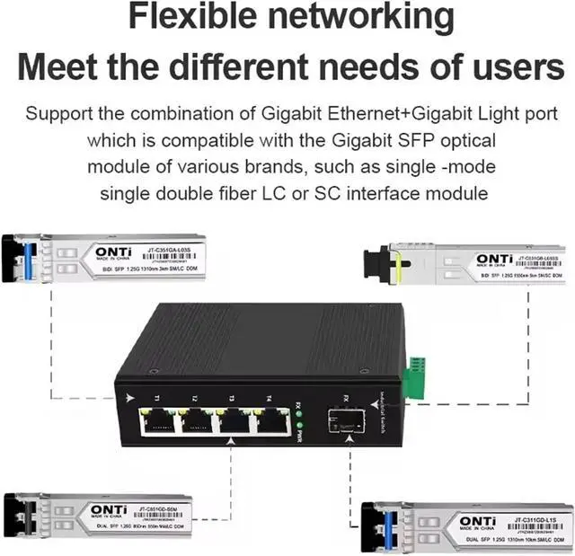 Alt view image 6 of 7 - 5/6 Port Industrial Gigabit Fiber Switch with SFP 10/100/1000Mbps Ethernet Switch 4GE+1(2) SFP -40 to 85°C DIN-Rail IP40 8KV(ONT-GYF3204-GF)