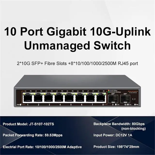 Alt view image 2 of 6 - 1pcs 2.5Gb Network Switch 8 Port .5G RJ45 with 10G SFP+ Ethernet Fanless Play Desktop Wall Mounted(JT-S107-102TS)