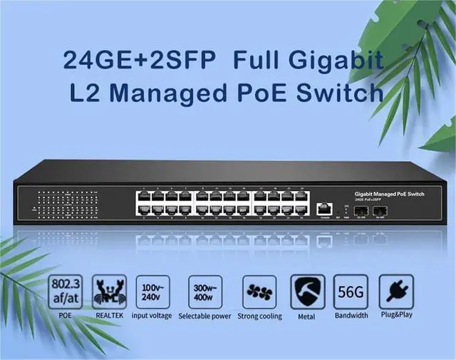 Alt view image 6 of 6 - Full Gigabit Managed PoE Switch 24 Port with 2 SFP Slots with managment/vlan/RSTP/SNMP Fiber Switch