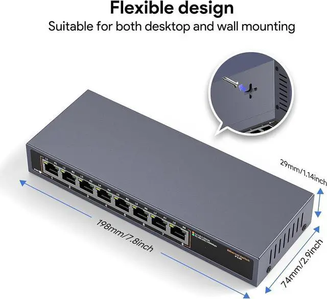 Alt view image 2 of 7 - 8 Port 2.5G Gigabit Ethernet Switch 100 1000 2500Mbp RJ45 Port 40Gbps Capacity Network Switch for Home Offices Bedrooms Media Rooms