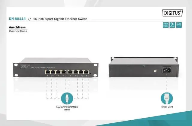 Alt view image 3 of 5 - DIGITUS 10" Switch 8-Port Gigabit Ethernet