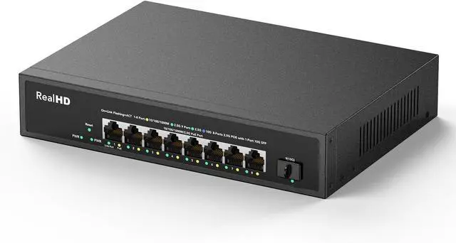 Main image of 8 Port 2.5G Gigabit PoE Switch Unmanaged, 8 Port POE + 1* 10G SFP, IEEE 802.3af/at PoE 135W, Compatible with 100/1000/2500Mbps, Support WiFi6 AP, NAS, PoE Camera NVR, Metal Fanless, Rack Mount