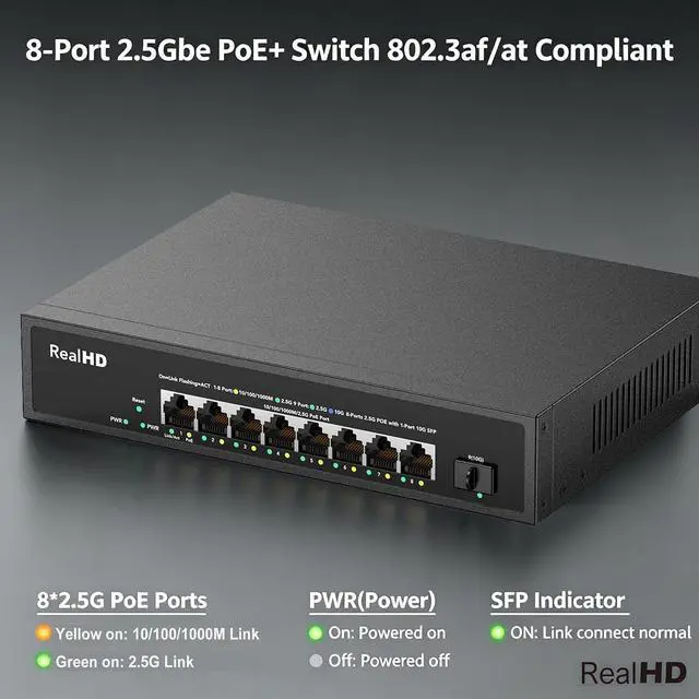 Alt view image 3 of 7 - 8 Port 2.5G Gigabit PoE Switch Unmanaged, 8 Port POE + 1* 10G SFP, IEEE 802.3af/at PoE 135W, Compatible with 100/1000/2500Mbps, Support WiFi6 AP, NAS, PoE Camera NVR, Metal Fanless, Rack Mount