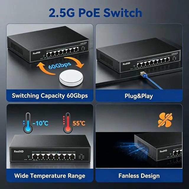 Alt view image 5 of 7 - 8 Port 2.5G Gigabit PoE Switch Unmanaged, 8 Port POE + 1* 10G SFP, IEEE 802.3af/at PoE 135W, Compatible with 100/1000/2500Mbps, Support WiFi6 AP, NAS, PoE Camera NVR, Metal Fanless, Rack Mount