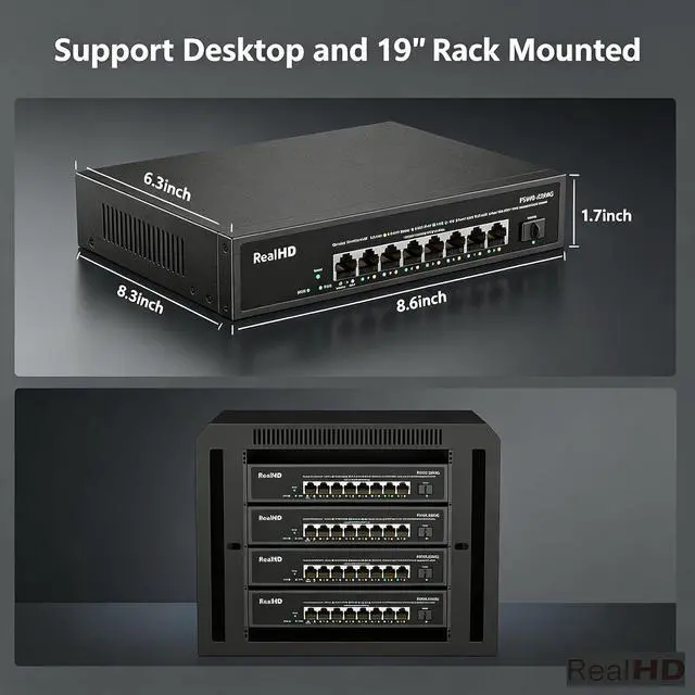 Alt view image 6 of 7 - 8 Port 2.5G Gigabit PoE Switch Unmanaged, 8 Port POE + 1* 10G SFP, IEEE 802.3af/at PoE 135W, Compatible with 100/1000/2500Mbps, Support WiFi6 AP, NAS, PoE Camera NVR, Metal Fanless, Rack Mount