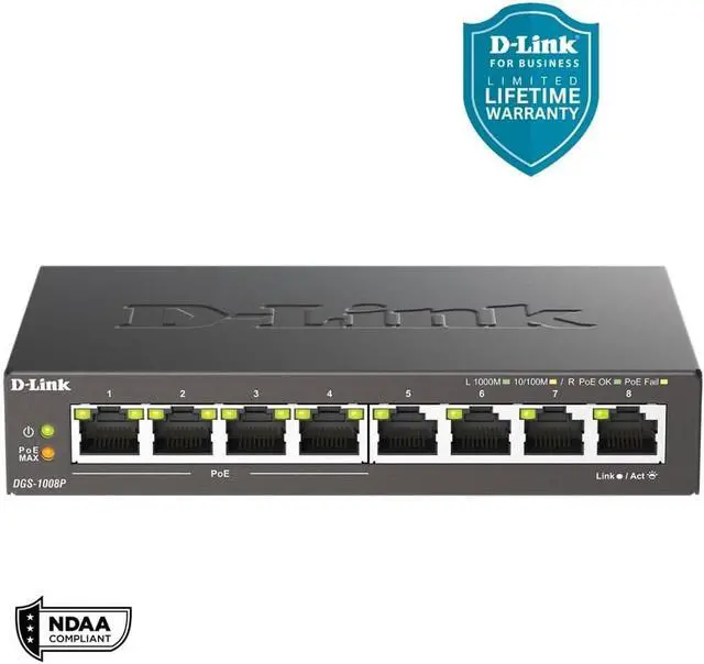 Alt view image 6 of 6 - Casafoyer 8-Port Gigabit Unmanaged PoE+ Ethernet Switch, with 4 PoE Ports up to 60W PoE Budget, QoS, Fanless, Sturdy Metal with Shielded Ports, Compact Desktop, Follows NDAA/TAA (DGS-1008P) - Pack of