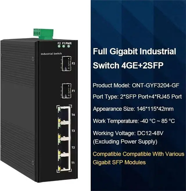Alt view image 2 of 7 - 5/6 Port Industrial Gigabit Fiber Switch with SFP 10/100/1000Mbps Ethernet Switch 4GE+1(2) SFP -40 to 85°C DIN-Rail IP40 8KV(ONT-GYF3204-GF)