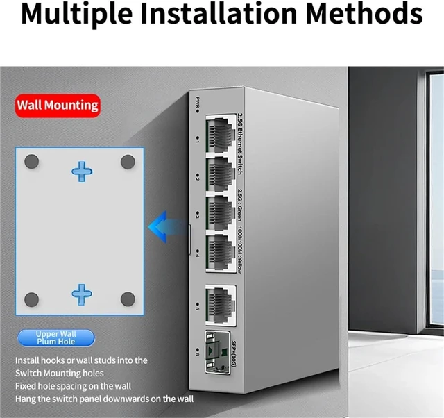 Alt view image 4 of 6 - 5 Port 2.5GbE Ethernet Switch Unmanaged 2.5Gbps Network Switch 10Gb SFP+ Slot Home Lab Setup Switch and Play(UK Adapter)