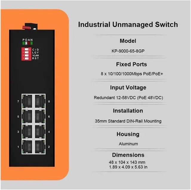 Alt view image 2 of 2 - Industrial 5/8 Port Gigabit,KP-9000-65-8/5GP Unmanaged PoE Switch(8 Port 1000M PoE)