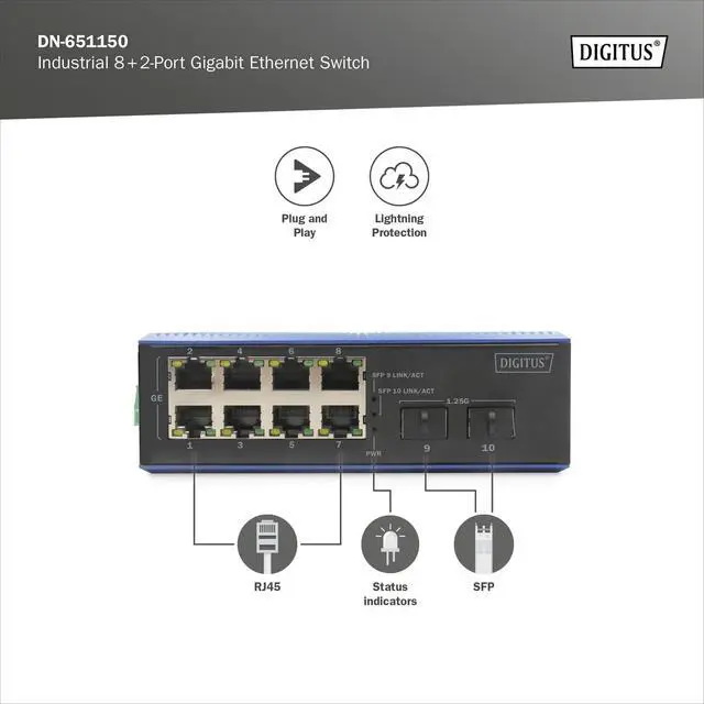 Alt view image 2 of 7 - DIGITUS Industrial Switch 10 Ports Gigabit Ethernet - 8 Ports RJ45-2 SFP Ports - Protection Class IP40-10/100/1000 Mbps - DIN Rail Mount - Black/Blue