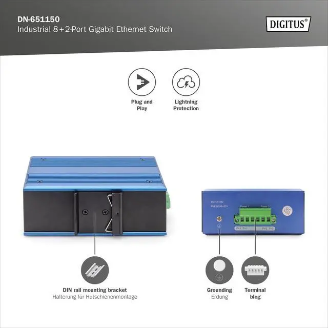 Alt view image 3 of 7 - DIGITUS Industrial Switch 10 Ports Gigabit Ethernet - 8 Ports RJ45-2 SFP Ports - Protection Class IP40-10/100/1000 Mbps - DIN Rail Mount - Black/Blue