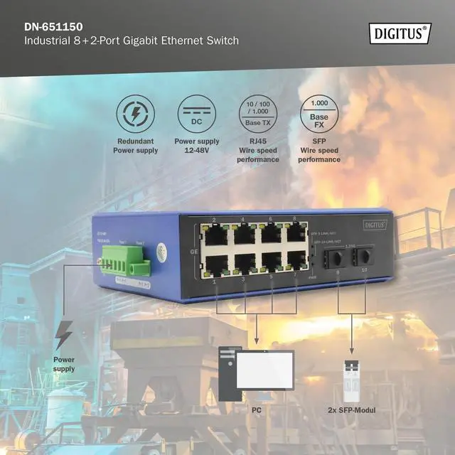 Alt view image 4 of 7 - DIGITUS Industrial Switch 10 Ports Gigabit Ethernet - 8 Ports RJ45-2 SFP Ports - Protection Class IP40-10/100/1000 Mbps - DIN Rail Mount - Black/Blue