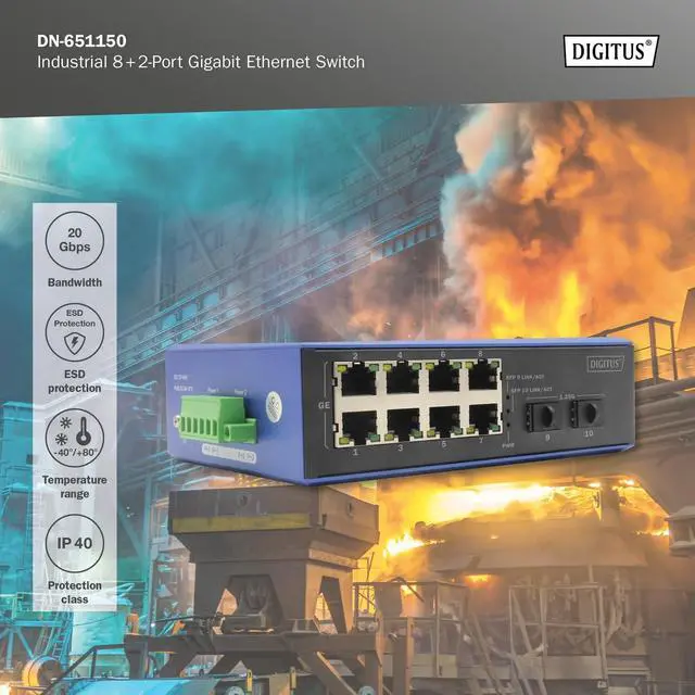 Alt view image 5 of 7 - DIGITUS Industrial Switch 10 Ports Gigabit Ethernet - 8 Ports RJ45-2 SFP Ports - Protection Class IP40-10/100/1000 Mbps - DIN Rail Mount - Black/Blue