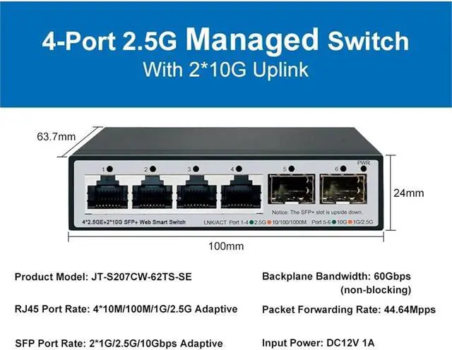 Alt view image 2 of 7 - 2.5GbE Smart Managed Switch 4 Port RJ45 2500Mbps Web Ethernet Network 10G SFP+ Slot