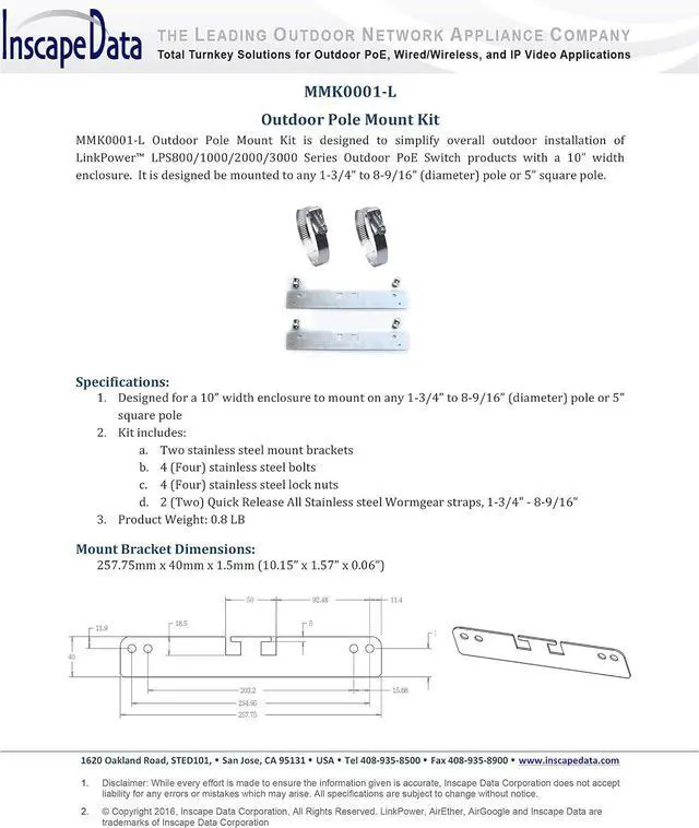 Main image of LinkPower Pole Mount Kit MMK0001-L for LPS1800-T1, LPS2800-T1, & LPS3800-T1 Outdoor PoE Switch Models