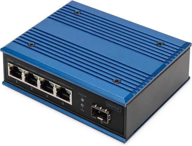 Main image of DIGITUS 5 Port Industrial Gigabit Ethernet Switch - Unmanageable - 4 Ports RJ45 + 1 Port SFP - 10/100/1000 Mbps - Rail Mount - IP40 Protection Rating - Blue/Black