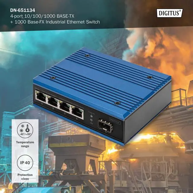 Alt view image 5 of 7 - DIGITUS 5 Port Industrial Gigabit Ethernet Switch - Unmanageable - 4 Ports RJ45 + 1 Port SFP - 10/100/1000 Mbps - Rail Mount - IP40 Protection Rating - Blue/Black