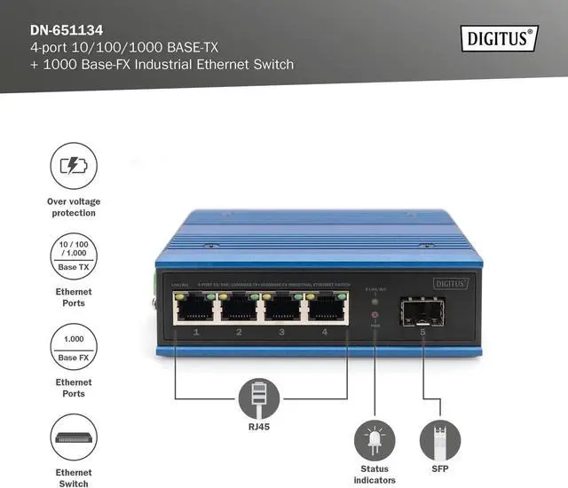 Alt view image 2 of 7 - DIGITUS 5 Port Industrial Gigabit Ethernet Switch - Unmanageable - 4 Ports RJ45 + 1 Port SFP - 10/100/1000 Mbps - Rail Mount - IP40 Protection Rating - Blue/Black