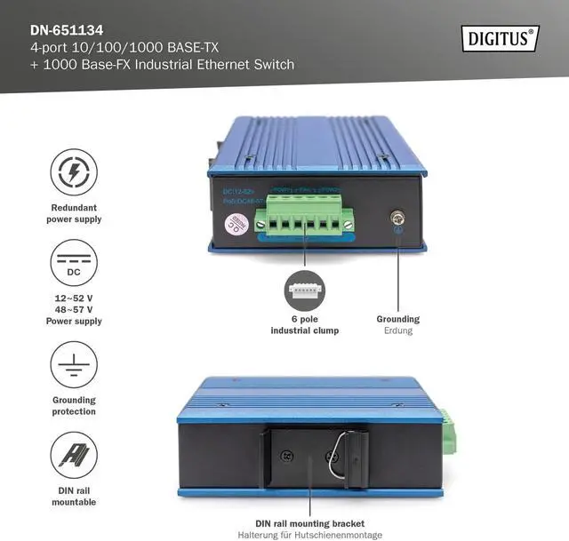 Alt view image 3 of 7 - DIGITUS 5 Port Industrial Gigabit Ethernet Switch - Unmanageable - 4 Ports RJ45 + 1 Port SFP - 10/100/1000 Mbps - Rail Mount - IP40 Protection Rating - Blue/Black