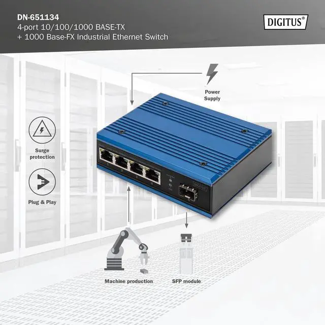 Alt view image 4 of 7 - DIGITUS 5 Port Industrial Gigabit Ethernet Switch - Unmanageable - 4 Ports RJ45 + 1 Port SFP - 10/100/1000 Mbps - Rail Mount - IP40 Protection Rating - Blue/Black
