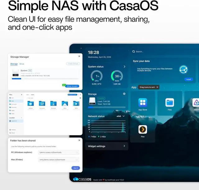 Alt view image 3 of 7 - ZimaBlade 7700 x86 Home Server & 2-Bay NAS Kit, Intel Quad-Core, 16GB RAM, CasaOS Preinstalled, Dual SATA, PCIe x4 Expansion, Docker, Plex, Home Assistant & Self-Hosting Platform