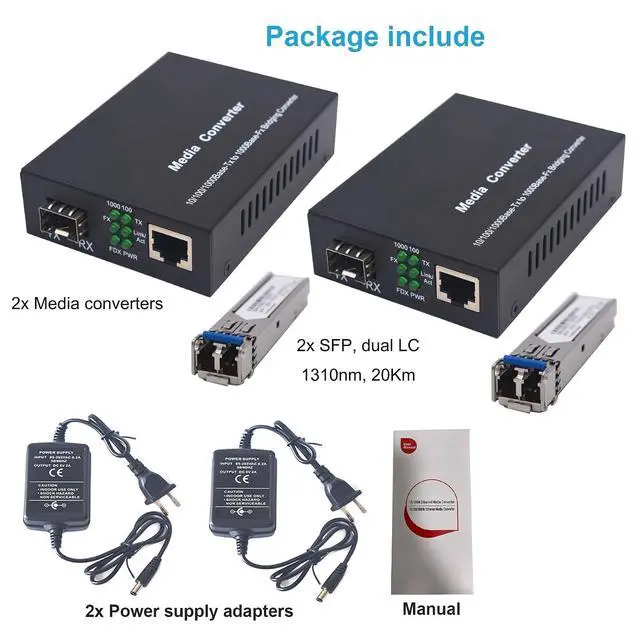 Alt view image 7 of 7 - Single Mode LC Gigabit Fiber Media Converter - Include 2 SFP Transceiver 20Km (12.4 Miles), Wavelength 1310nm, LC to UTP Cat5e 10/100/1000 RJ-45 Gigabit Ethernet Speed, A Set