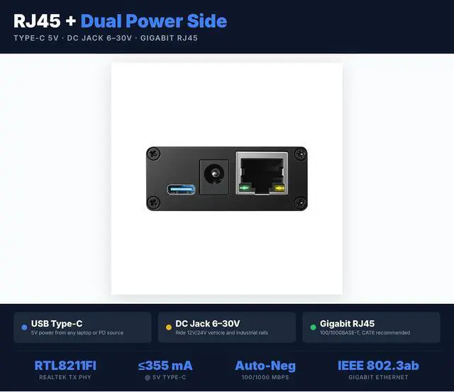 Alt view image 4 of 7 - 100/1000Base-T1-TX-TE Automotive Ethernet Media Converter - 100/1000BASE-T1 to TX Adapter, Marvell 88Q2112 & Realtek RTL8211FI Phy, MATENET Connector, Industrial GradeType-C/DC Power