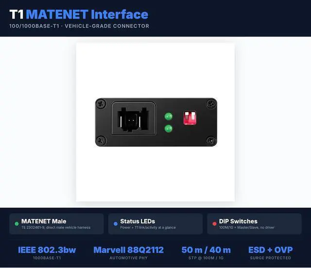 Alt view image 3 of 7 - 100/1000Base-T1-TX-TE Automotive Ethernet Media Converter - 100/1000BASE-T1 to TX Adapter, Marvell 88Q2112 & Realtek RTL8211FI Phy, MATENET Connector, Industrial GradeType-C/DC Power