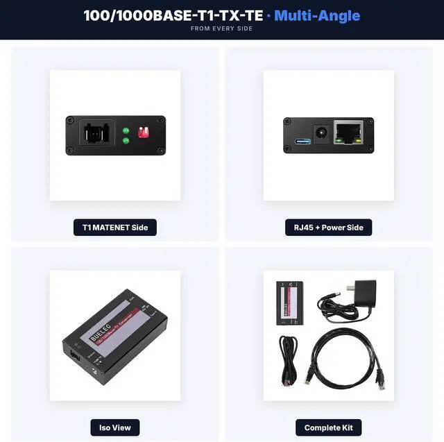 Alt view image 7 of 7 - 100/1000Base-T1-TX-TE Automotive Ethernet Media Converter - 100/1000BASE-T1 to TX Adapter, Marvell 88Q2112 & Realtek RTL8211FI Phy, MATENET Connector, Industrial GradeType-C/DC Power