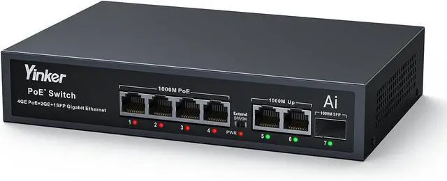 Main image of 7 Port Gigabit PoE Switch 65W, 4 PoE+ Ports 30W Each, 2 Uplink + 1 SFP Slot, Unmanaged Plug & Play, AI Watchdog Auto-Recovery, Extend/VLAN Mode for IP Camera Security