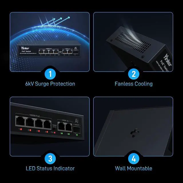 Alt view image 7 of 7 - 7 Port Gigabit PoE Switch 65W, 4 PoE+ Ports 30W Each, 2 Uplink + 1 SFP Slot, Unmanaged Plug & Play, AI Watchdog Auto-Recovery, Extend/VLAN Mode for IP Camera Security